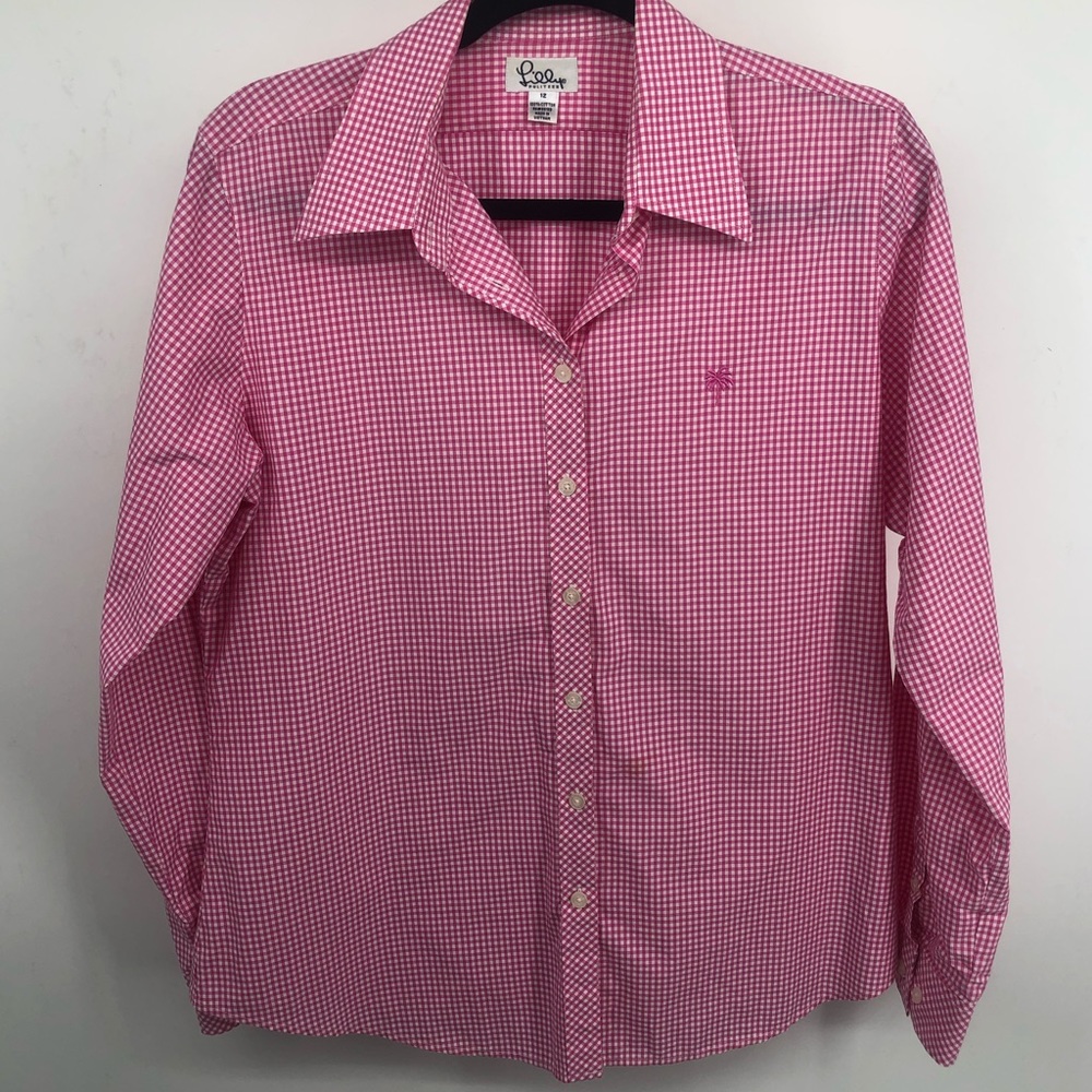 Az 12 Lilly Pulitzer Pink Gingham Button Down EUC